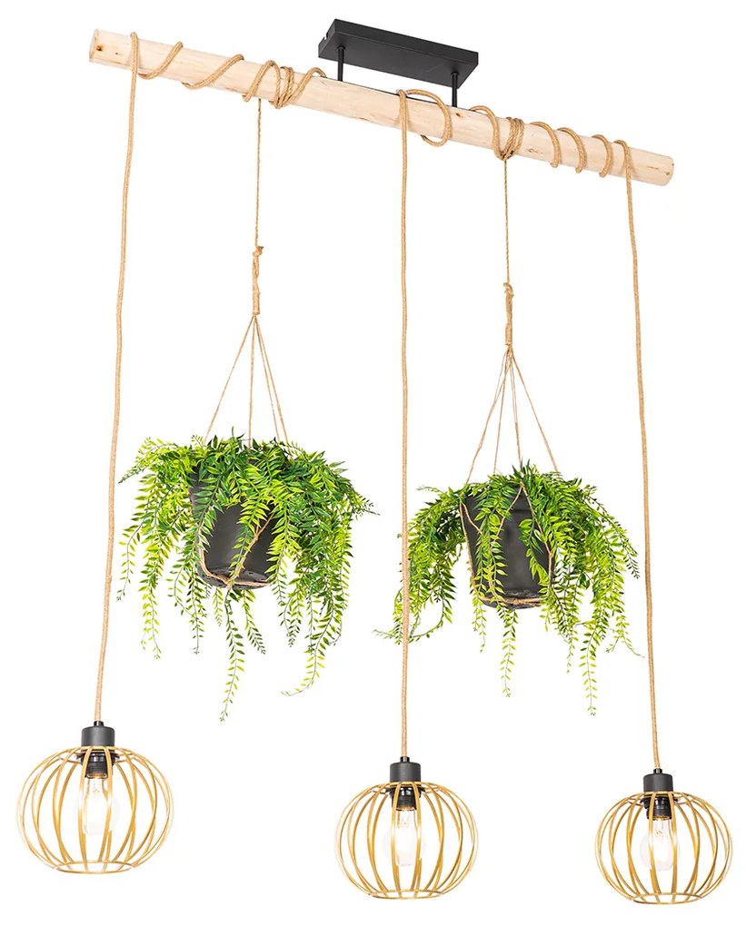 Rustikálny závesný luster zlatý s drevom 3-svetlo - Yura