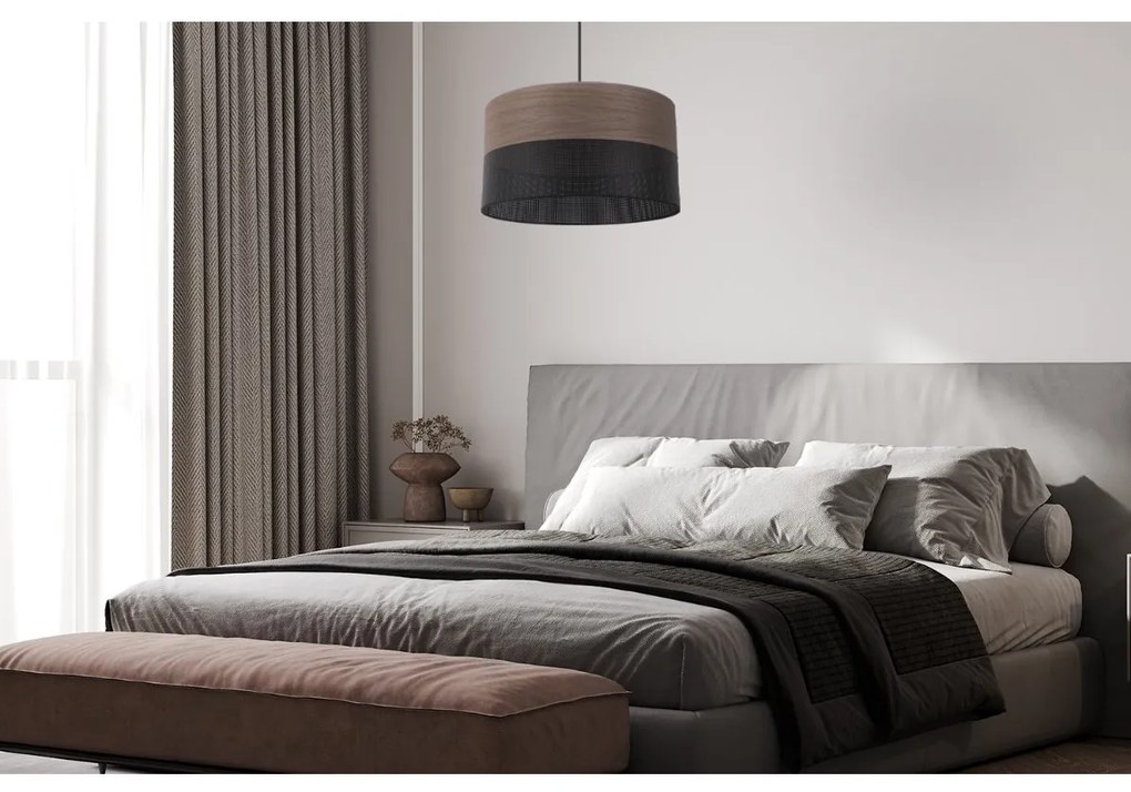 Závesné svietidlo Wood, 1x hnedá orechová dýha/čierne PVC tienidlo, (fi 35cm)