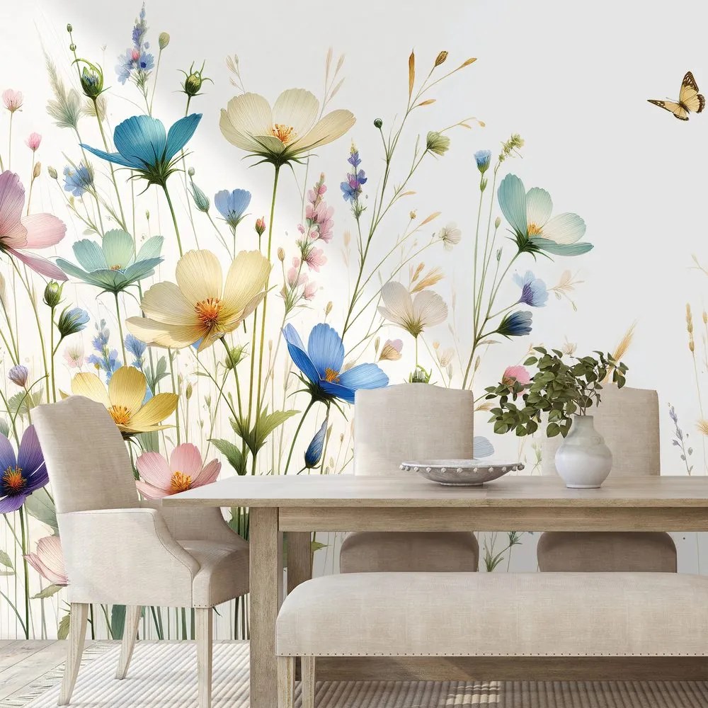 Tapeta pastelové kvety a lietajúce motýle
