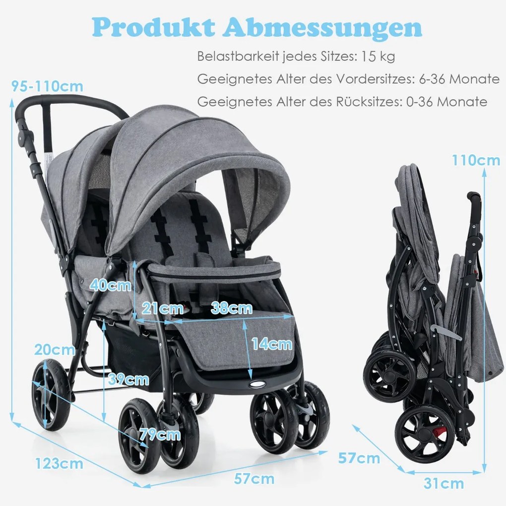Súrodenecký kočík skladací súrodenecký kočík twin kočík twin bugg šedá Barva: Šedá