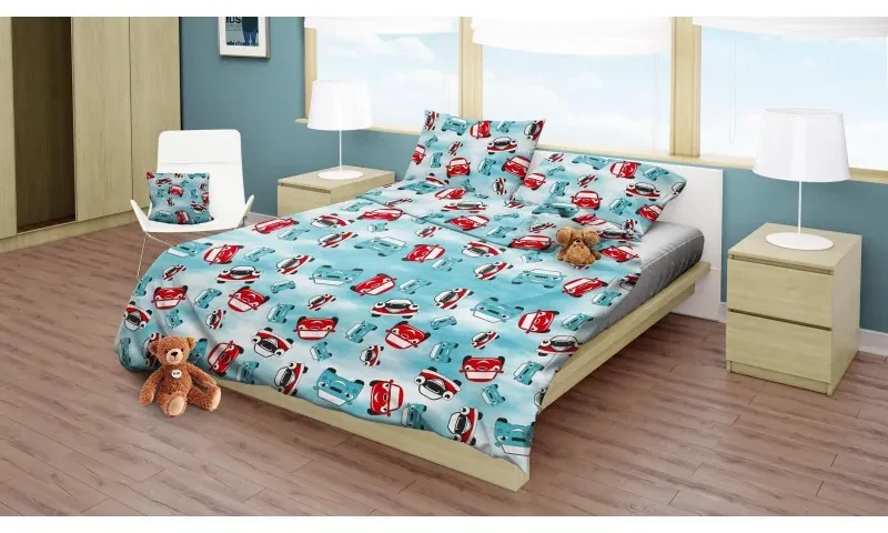 Obliečky bavlnené detské autá modré TiaHome - Detský set 130x90cm + 65x45cm