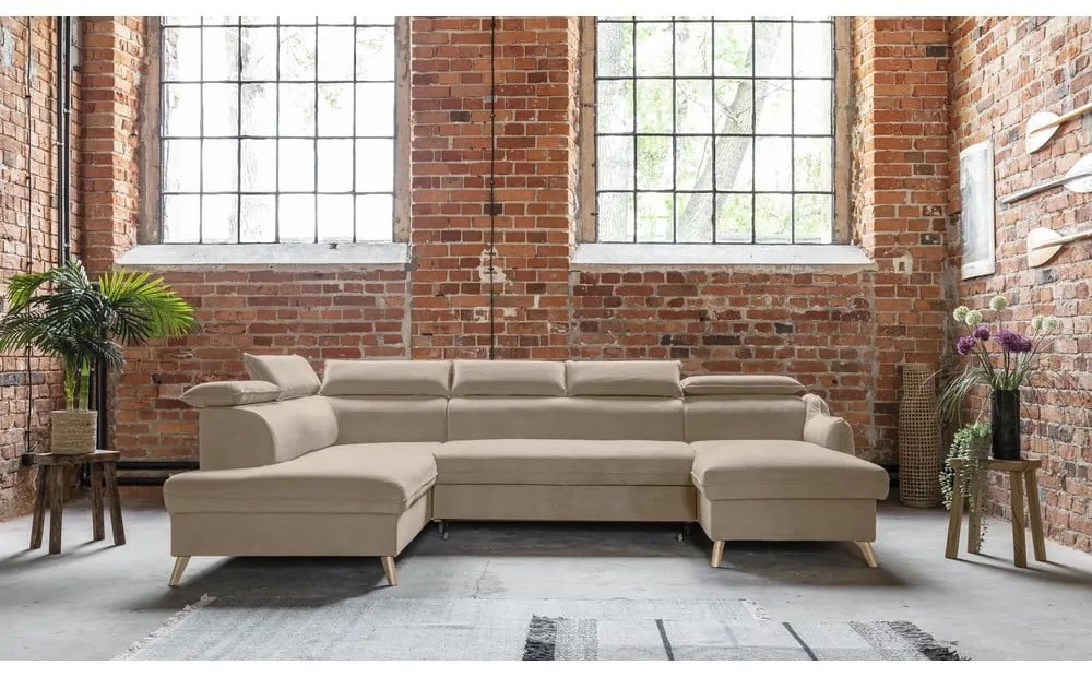 Béžová zamatová rozkladacia rohová pohovka do "U" (ľavý roh) Sweet Harmony – Miuform