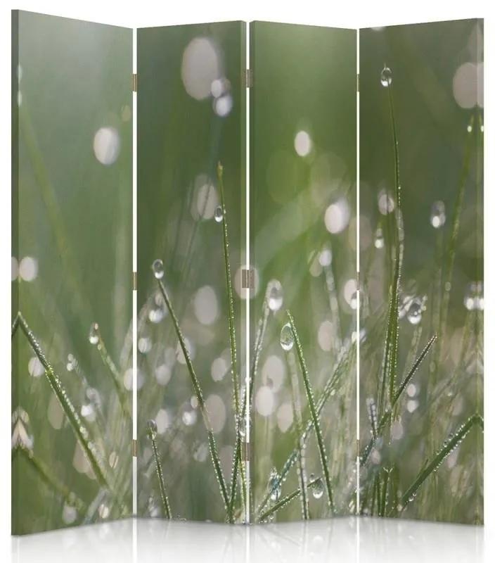 Ozdobný paraván, Kapky rosy na trávě - 145x170 cm, štvordielny, klasický paraván