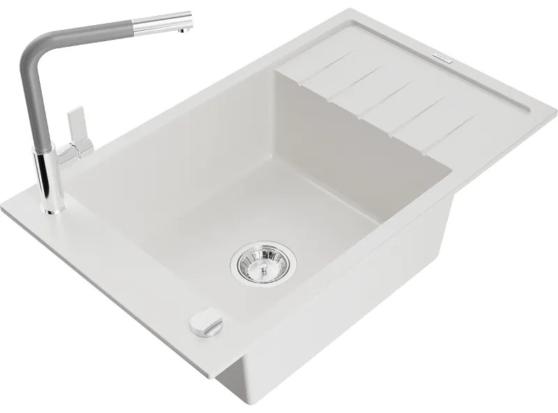 Mexen Elias, 1-komorový granitový drez 795x480x200 mm a drezová batéria Flora, biela, 6511-20-670401-06