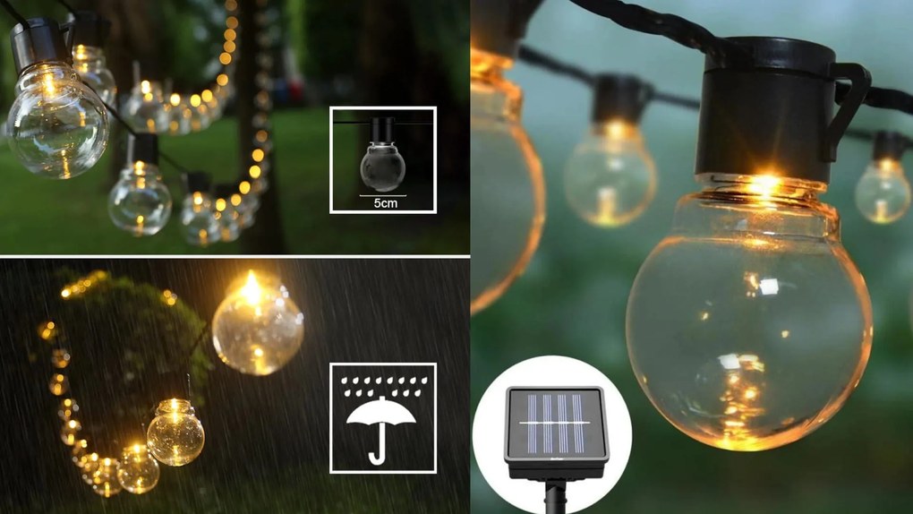 BERGE Solárna lampa 5m + 20 žiaroviek Garden Solar IP44 Vonkajšie