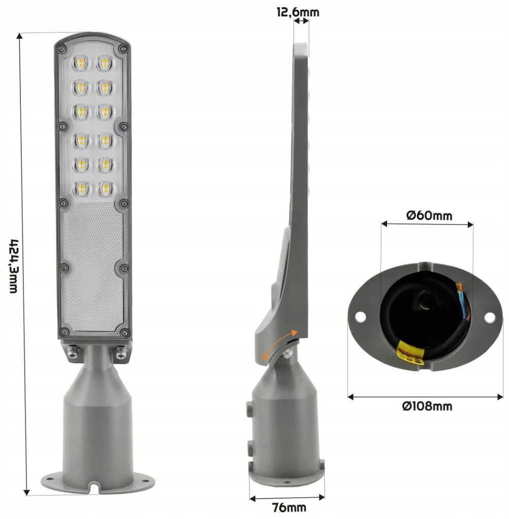 Germina LED pouličná lampa / lampáš HERMETIC 30W sivá 3000lm 5000K