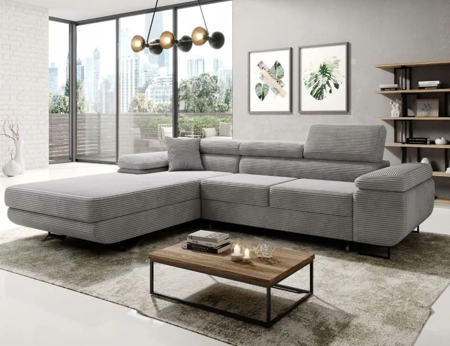 Veľká šedá rohová sedačka Astorp L, ľavá, na spanie, vyrobená z tkaniny.