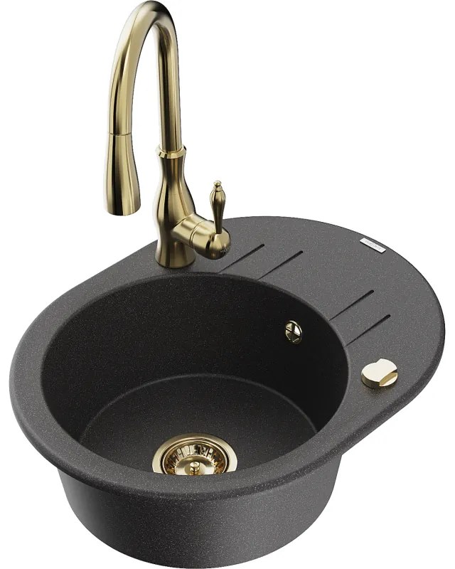 Mexen Kevin, granitový drez 586x458x190 mm, 1-komorový a drezová batéria Savita, čierna škvrnitá, 6517-76-672601-50