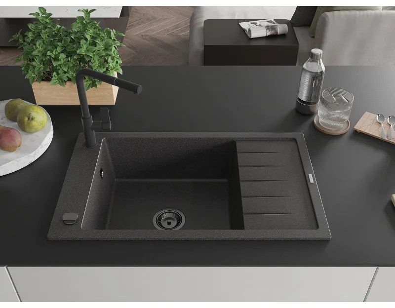 Mexen Elias, 1-komorový granitový drez 795x480x200 mm a drezová batéria Flora, čierna škvrnitá, 6511-76-670401-70-B