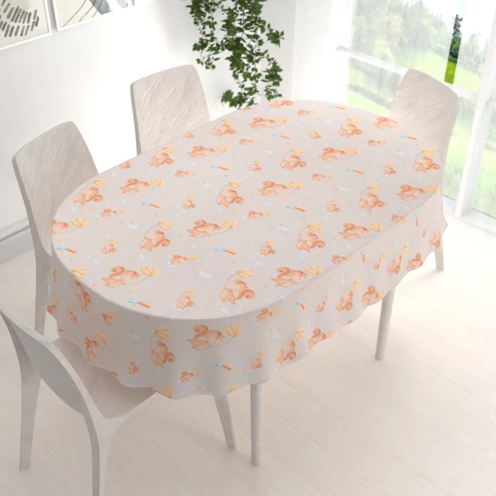 Biante Detský bavlnený oválny obrus Sandra SA-525 Veveričky s kvietkami na sivobéžovom 50x100 cm
