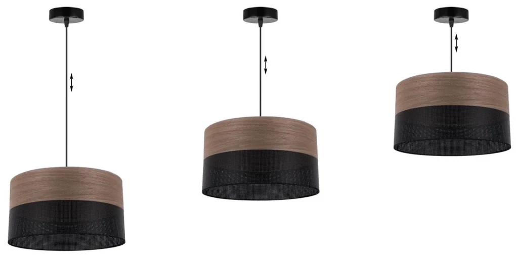 Závesné svietidlo Wood, 1x hnedá orechová dýha/čierne PVC tienidlo, (fi 35cm)