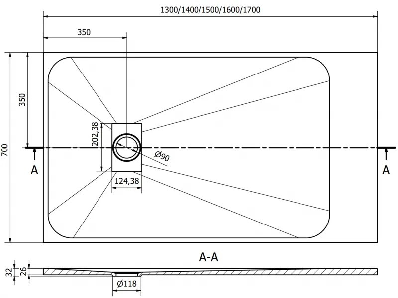 Mexen Hugo, obdĺžniková sprchová vanička SMC 160 x 70 cm, biela, oceľová krytka, 42107016-X