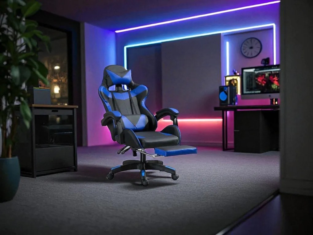 Kancelárska herná stolička s nastaviteľnou opierkou nôh - čierno-modrá