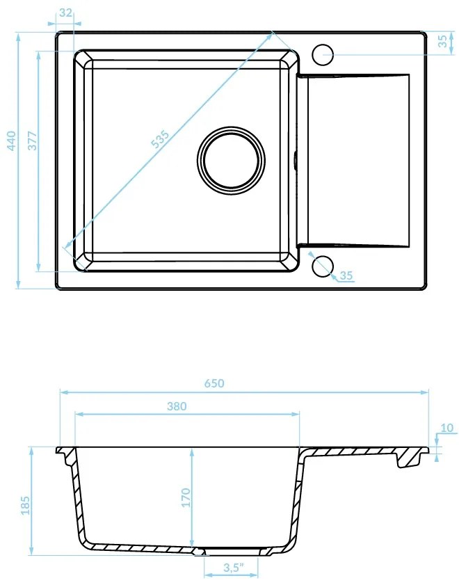 Kuchinox Celebes, 1-komorový granitový drez 650x440x185mm s krátkym odkvapkávačom, čierna, LAV-SBL_713T