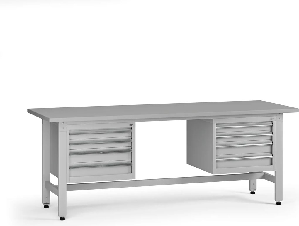 Výškovo nastaviteľný dielenský stôl G5, 2100 x 750 x 800-1000 mm, 2x kontajner, 8 zásuviek, sivá