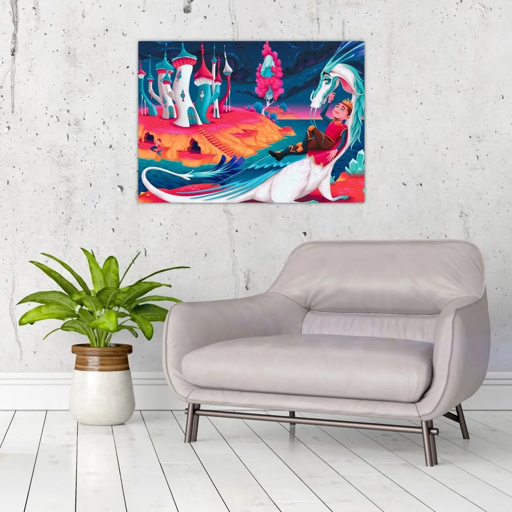 Sklenený obraz - Princ a dračia princezná (70x50 cm)