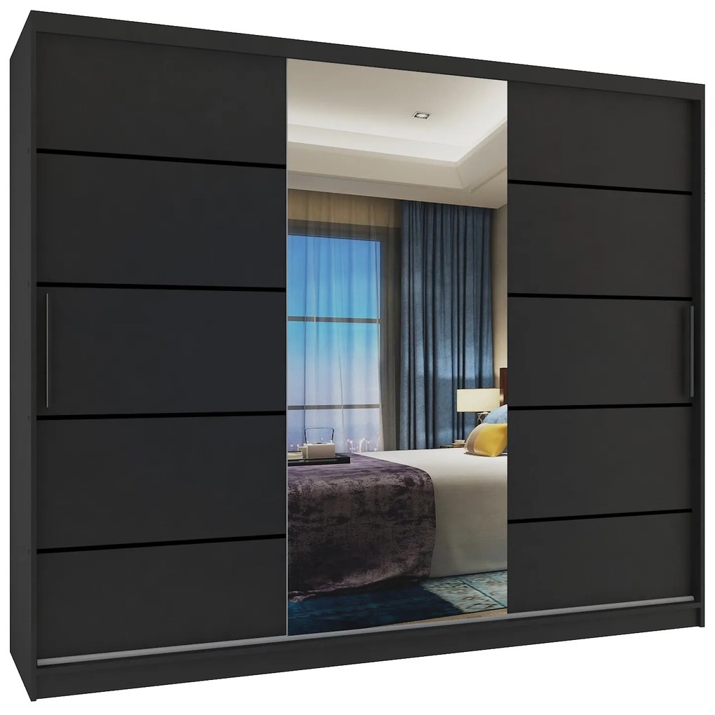 Šatníková skriňa 232 cm Belini čierny mat s posuvnými dverami zrkadlom a zásuvkami MBP SZP8/0/1B/2B1L/0/KLP/