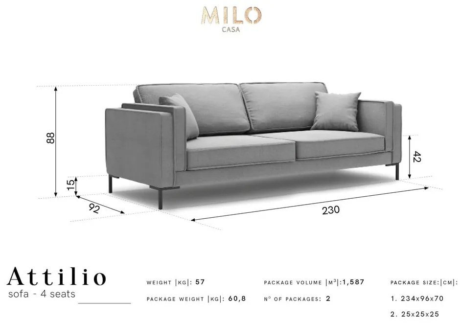 Modrá pohovka Milo Casa Attilio, 230 cm