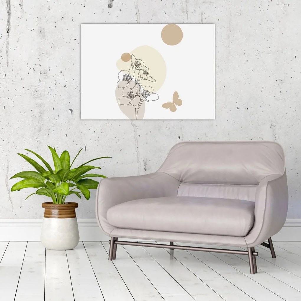 Obraz - Béžové kvety s motýľom N⁰4 (70x50 cm)