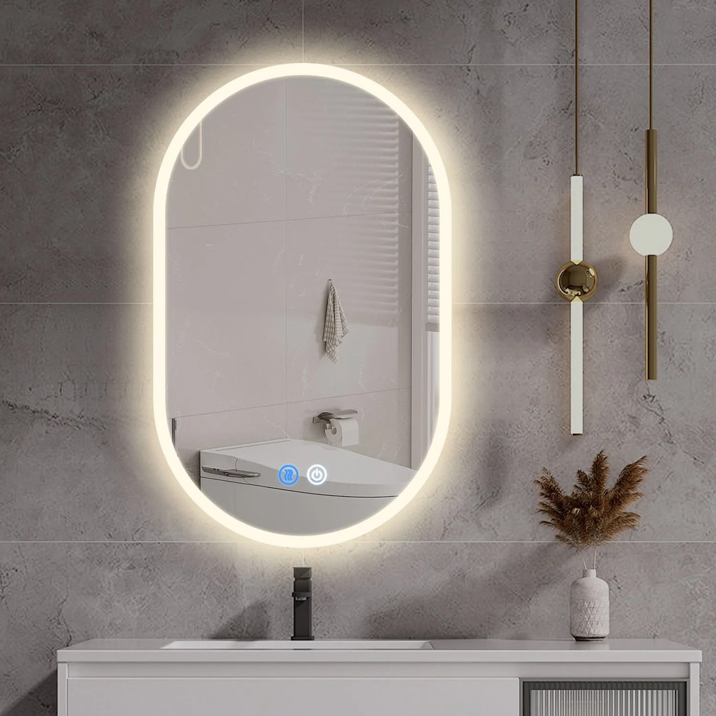 Erga Demi, oválne LED zrkadlo 60x90cm, 3 farby svetla, predné osvetlenie, vyhrievacia podložka proti zapareniu, ERG-V01-Demi-6090-CL