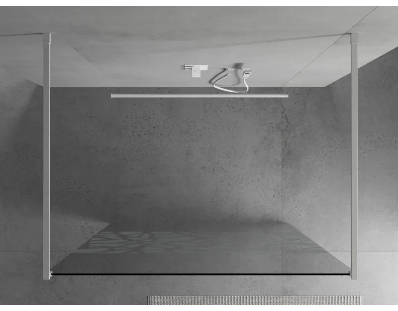 Mexen Kioto, priechodná sprchová zástena 120 x 200 cm, 8mm sklo číre/biely vzor, 2x biela stabilizačná rozpera, 800-120-002-20-85