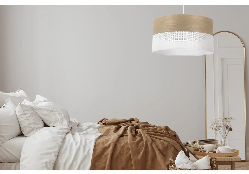 Závesné svietidlo Wood, 1x dýha zlatý dub/biele PVC tienidlo, (fi 44cm)