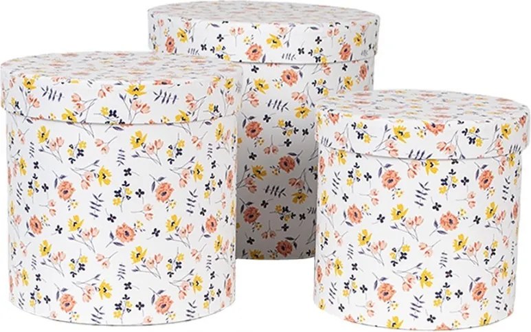 3ks biely okrúhly box s jemnými kvetmi - Ø 19*19 / Ø 17*17 / Ø 15*15 cm