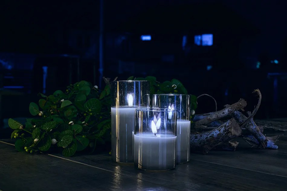 DECOLED Sada 3 LED svíček ve skle, šedá, s dálkovým ovladačem