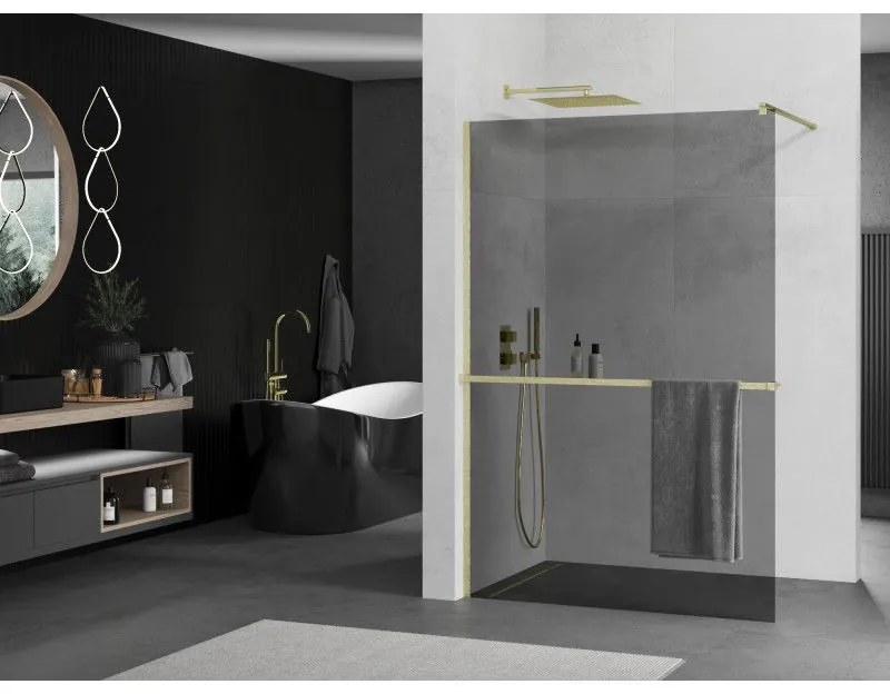 Mexen Kioto+, sprchová zástena Walk-In s poličkou a vešiakom 70 x 200 cm, 8mm šedé sklo, zlatý matný profil, 800-070-121-55-40