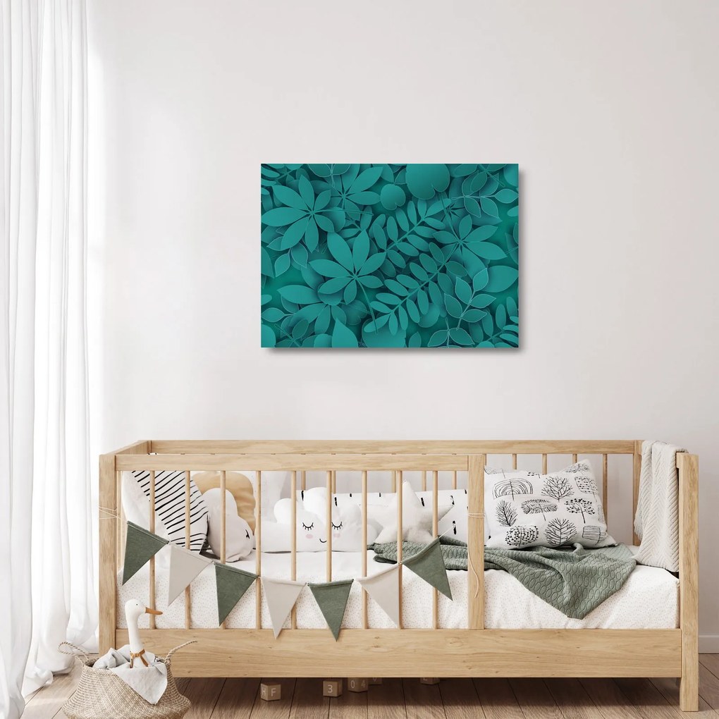 Sklenený obraz - Tyrkysové listy (70x50 cm)