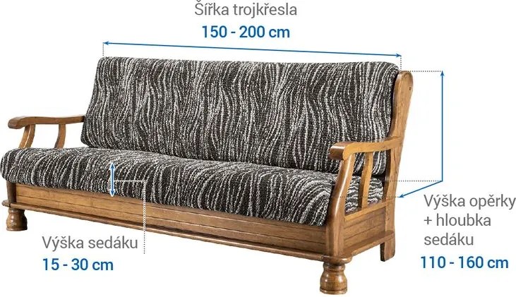 Bielastické poťahy UNIVERSO NOVÉ žíhané čiernobiele trojkreslo s drevenými rúčkami (š. 150 - 200 cm)