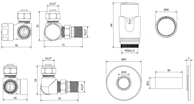 Mexen G00, axiálny ventil G1/2" s okrúhlymi krytkami a termostatickou hlavicou M30x1,5 mm, čierna matná, W903-900-904-70