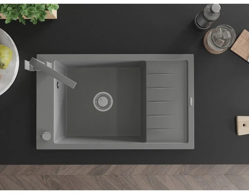 Mexen Elias, granitový drez granitový 795x480x200 mm, 1-komorový, šedá s chrómovým sifónom a šedá drezová batéria Rita, 6511-71-670300-71