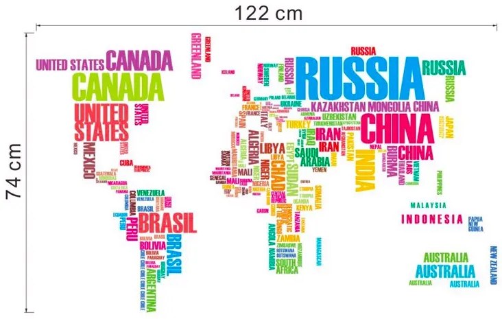 Samolepka na stenu "Mapa sveta 2 - farebná" 74x122cm