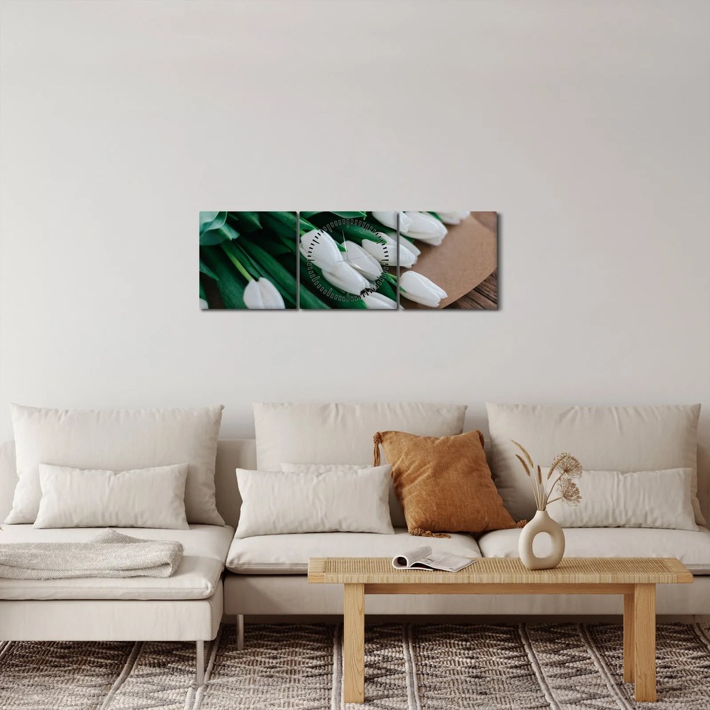 Obraz kytice bielych tulipánov (s hodinami) (90x30 cm)