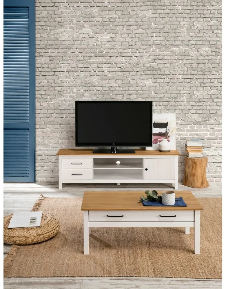 Biely TV stolík z borovicového dreva 158x47 cm Miranda – Marckeric