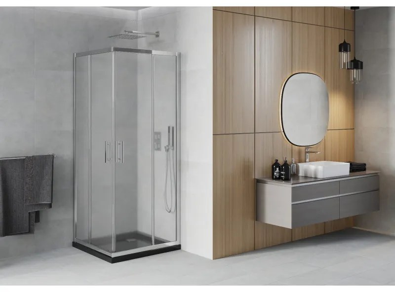 Mexen Rio, štvorcový sprchovací kút s posuvnými dverami 80(dvere) x 80(dvere) x 190 cm, 6mm sklo námraza, chrómový profil + čierna sprchová vanička SLIM, 860-080-080-01-30-4070