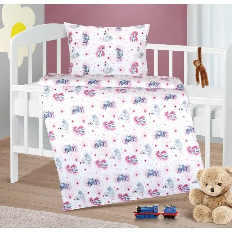 Bellatex Bavlnené obliečky do postieľky AgataUnicorn ružové, 90 x 135 cm, 45 x 60 cm