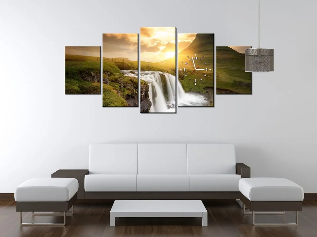 Gario Obraz s hodinami Islandská krajina - 5 dielny Rozmery: 150 x 105 cm