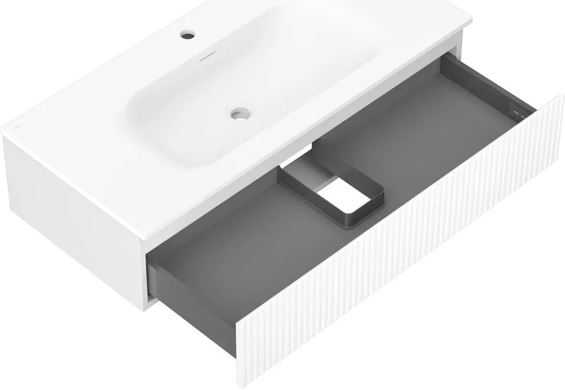 Mexen Rivel, kúpeľňová skrinka 100 cm s umývadlom Vela, 1 zásuvka, drážkovaná, biela matná, 91A20-10023-1-BF01-W23M01