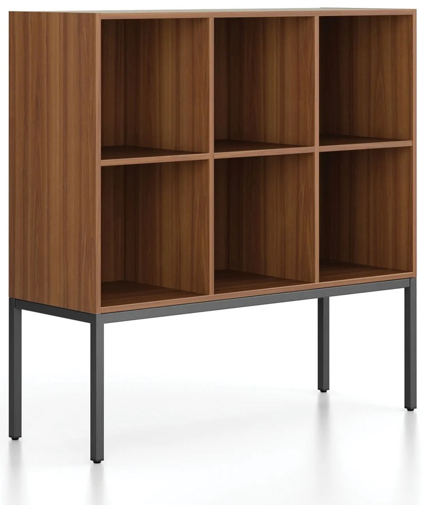 Regál FRAME, nízka, s čiernou podnožou, 1299 x 450 x 1331 mm, orech