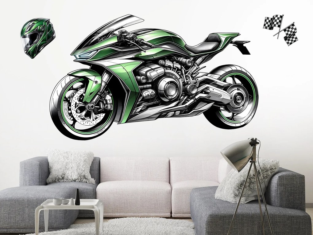 Zelená motorka textilní prelepiteľná nálepka na stenu hárok 46 x 28 cm