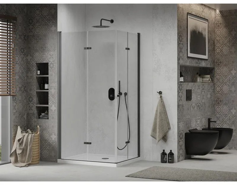 Mexen Lima Duo, sprchovací kút s 2-krídlovými skladacími dverami 90 (dvere) x 80 (dvere) cm, 6mm číre sklo, čierny profil + slim sprchová vanička 5cm biela s čiernym sifónom, 856-090-080-70-02-4010B