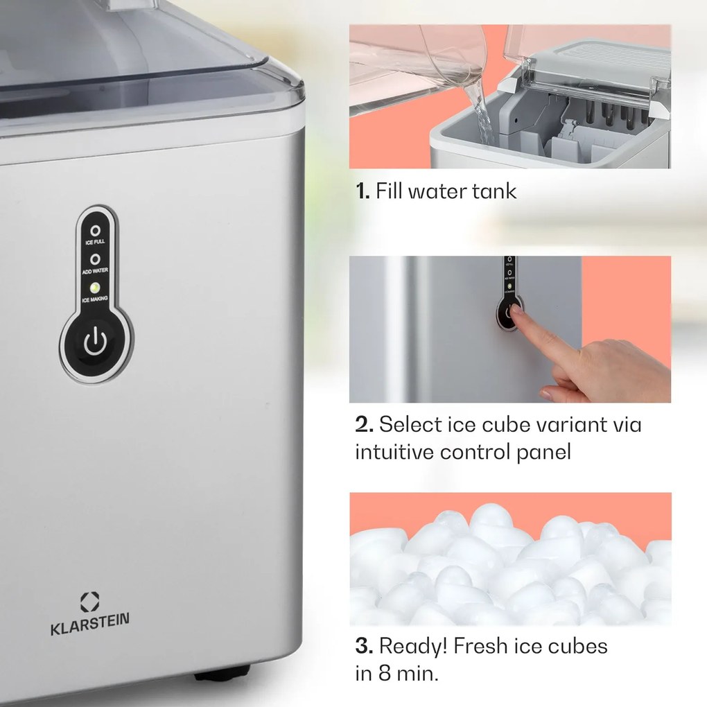 Klarstein Chillout, výrobník ľadu, oblé kúsky ľadu, 12 kg/24 h, nádrž 1,5 l, strieborný