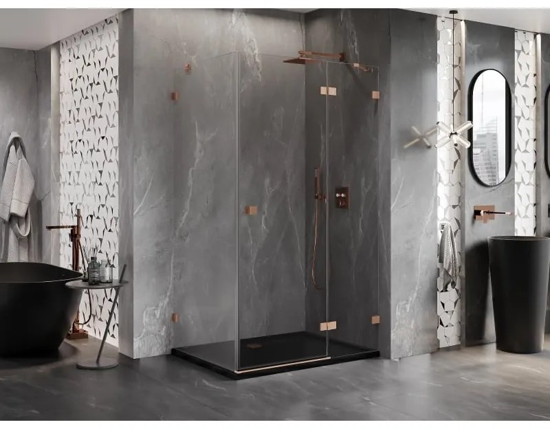 Mexen Lunar, pravostranný výklopný sprchový kút 95 x 90 cm, 8mm číre sklo, profil medená matná, 834-095-090-65-00-P