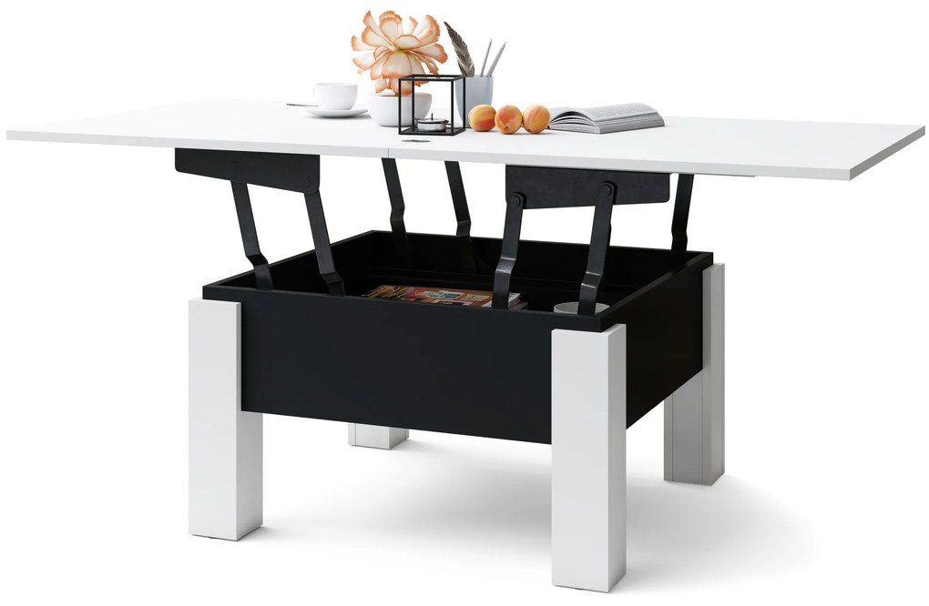 Mazzoni OSLO biela / čierny mat, rozkladací konferenčný stolík s výškovo nastaviteľnou stolovou doskou