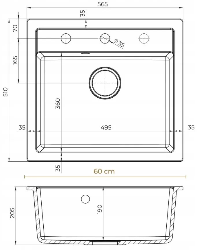 Sink Quality Ferrum, kuchynský granitový drez 565x510x205 mm + zlatý sifón, čierna škvrnitá-Brocade, SKQ-FER.B.1K60.XG