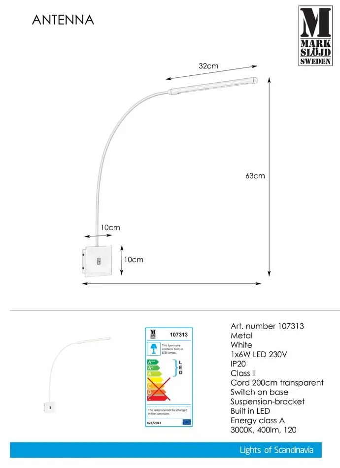 Biele nástenné svietidlo Markslöjd Antenna 1L