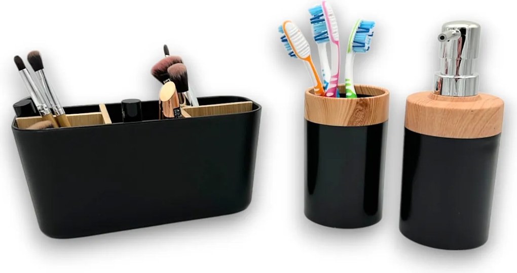 Orion Súprava 3 organizérov do kúpeľne TUKAN, čierna/drevo