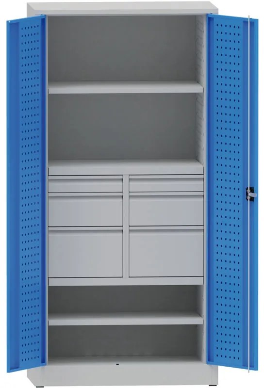 Dielenská kovová skriňa na náradie KOVONA, 2 police, 6 zásuviek, zváraná, nosnosť 50 kg, 950 x 500 x 1950 mm